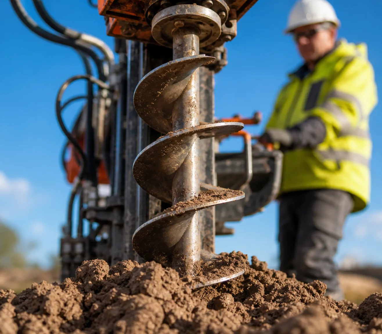 Auger drill boring a pile on a construction site