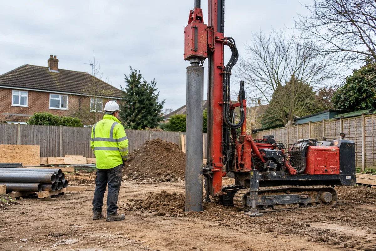 Piling rig installing a steel-cased pile with steel casing sections on site.