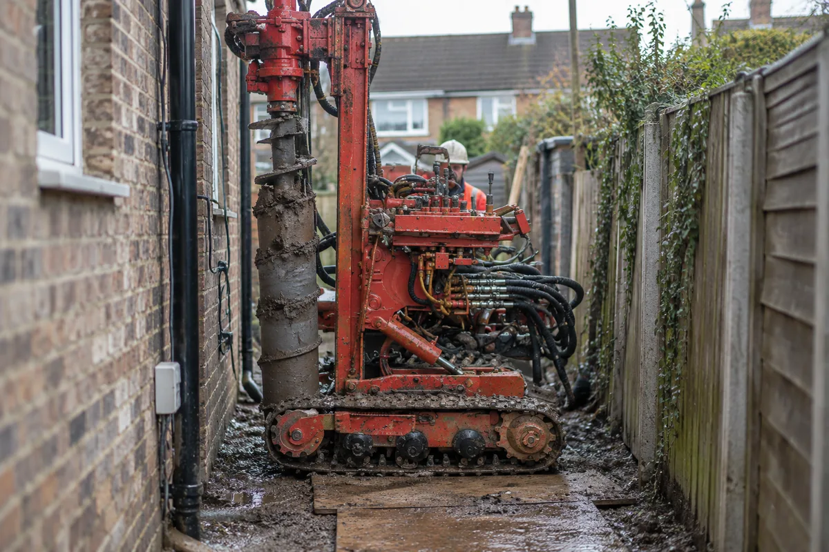 Compact red mini piling rig working in a narrow residential alley.
